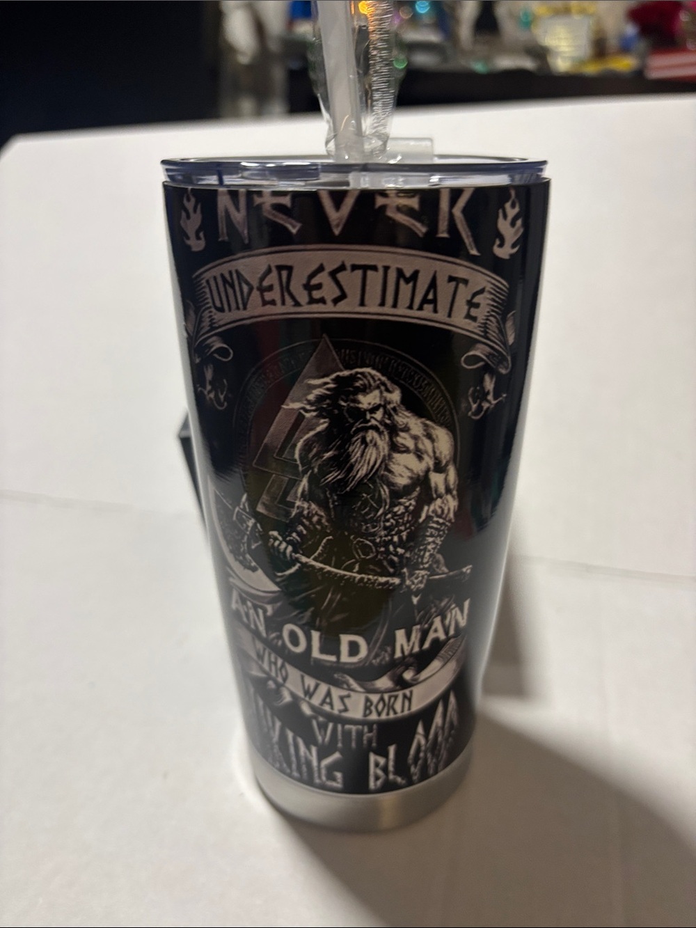 Never Underestimate Black Viking Graphic 20 oz Tumbler - Men Grooming